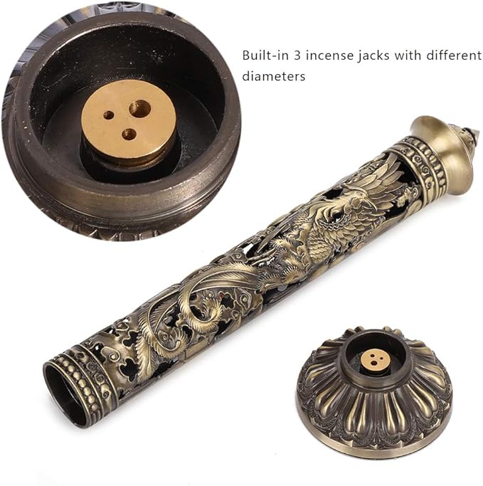 Incense Tower Holder,Portable Bronze Dragon Phoenix Relief Retro Nostalgia Vertical Stick Incense Holder With Craft Storage Box Ash Catcher Sticks Incense Holder For Home