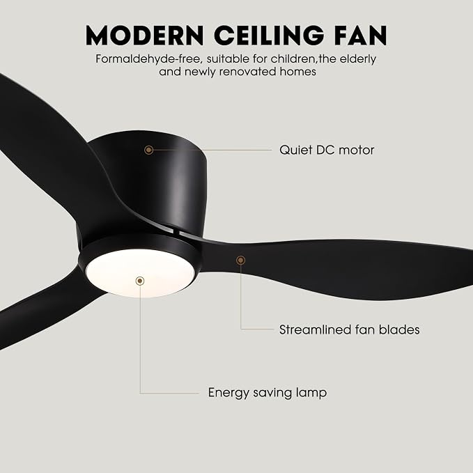 LUDOMIDE Ceiling Fans with Lights,42 Inch Low Profile Ceiling Fan with Wall Control and Remote Control,Dimmable,Flush Mount Ceiling Fan with Noiseless DC Reversible Motor for Bedroom Indoor Use