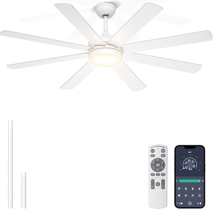 60'' White Ceiling Fan with Lights for Indoor/Covered Outdoor | Remote/APP Control, 3CCT Dimmable, Quiet DC Motor, Reversible Airflow, 8 Blades Modern Overhead Fan for Master Bedroom