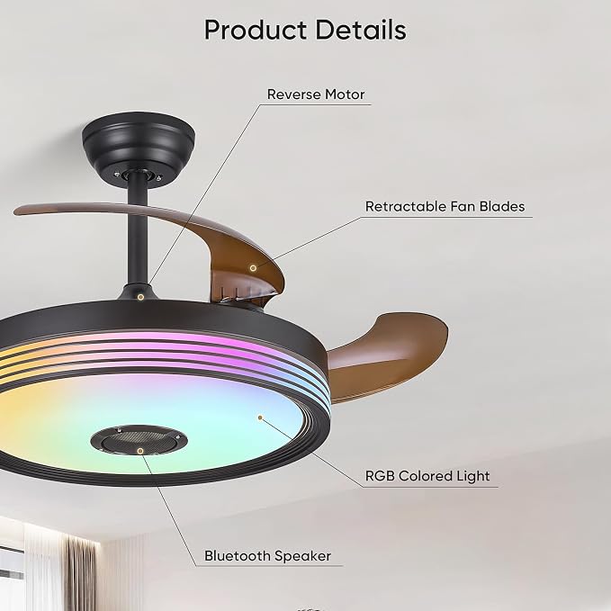 FIDGRA 48'' Retractable Ceiling Fan with Light, Bluetooth Modern Ceiling Fans with Speaker, RGB LED Lights, 6 Speeds, Reversible Motor for Bedroom, Living Room, Party-Black