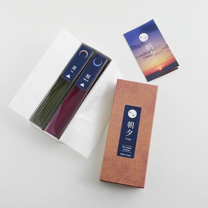 Asayu Japan Low Smoke Incense Gift Set with Incense Holder and Brass Stand, Premium Japan Set (Sakura & Green Tea) Incense Sticks with White Lotus Incense Holder