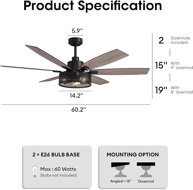 LuminFan 60 Inch Ceiling Fans with Lights and Remote Control, Farmhouse Ceiling Fan for Bedroom Living Room and Patio, Black Caged Ceiling Fan for Indoor and Outdoor