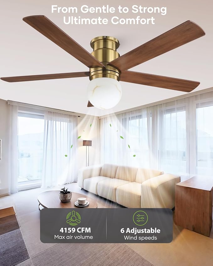 52 Inch Low Profile Ceiling Fan with Light, Flush Mount Brushed Gold Ceiling Fan Remote,ETL Listed, Indoor Outdoor Fan for Bedroom Living Room Patio, 3CCT, 6 Speeds