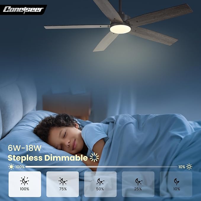 Modern 52 Inch Ceiling Fans with Lights and Remote for Bedroom Living Room Kitchen Home Office Indoor/Outdoor, 18W 3CCT Dual Color 5 Blades 6 Speed Reversible Quiet DC Motor, Black/Wood Grain