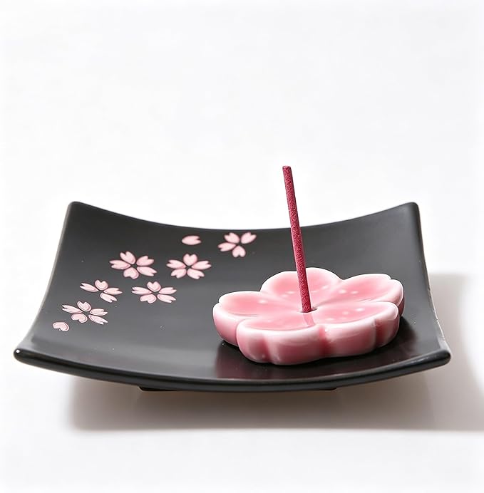 Japanese Ceramic Handmade Cute Cherry Blossom Incense Stick Holder or Incense Burner Holder, Unique Ash Catcher Inscent Tray and Decorative Gift, Home Decor 3.94 inches, Square Pink
