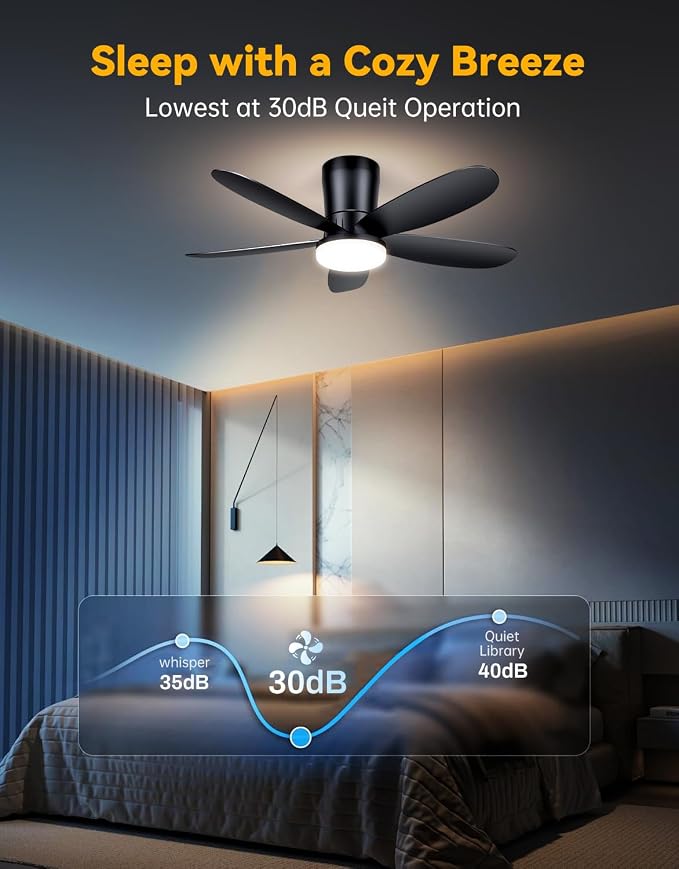 Ceiling Fans with Lights, Low Profile 42-Inch Modern Small Ceiling Fan for Bedroom Indoor Outdoor - Dimmable Fans with Timer Remote Control Flush Mount Reversible 5 Blades 6 Speeds, Black