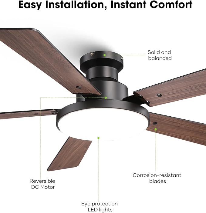 52 Inch Low Profile Black Ceiling Fan with Lights, 12.2'' Large 3CCT LED Light Panel, APP & Remote, 6-Speed Quiet Reversible DC Motor, Modern Flush Mount Ceiling Fan for Bedroom Living Room