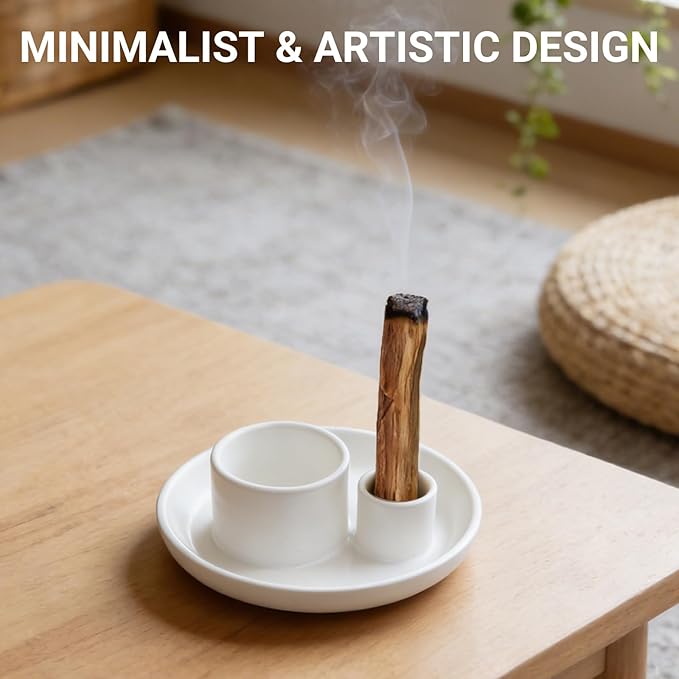 Multifunction Incense and Candle Holder for Burning Sage, Palo Santo, Ceramic Incense Stick Holder for Palo Santo Burner, Sage Holder for Yoga, Meditation, and Energy Cleansing (Pure White)