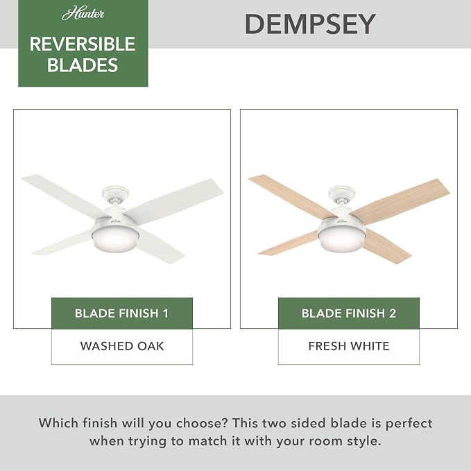Hunter Dempsey, Outdoor or Indoor, Ceiling Fan, 52 inch, Fresh White | with LED Light and Remote Control, Standard Mount, 4 Blades, For Living Room, Patio, Porch, Garage, 59252