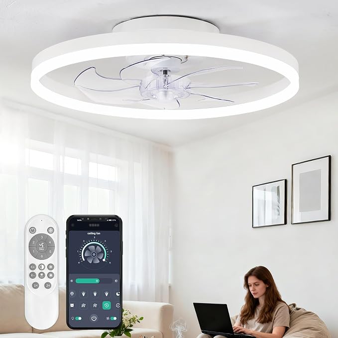20" Low Profile Ceiling Fans with Lights and Remote & APP, Dimmable 3000-6500K LED Fandelier Ceiling Fan with Light, Modern Flush Mount Ceiling Fan Light for Living Room, Bedroom and Kitchen