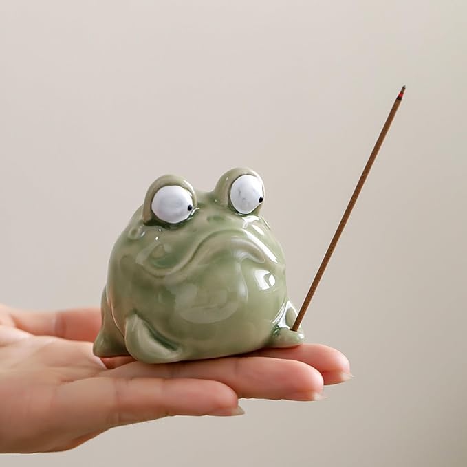 Incense Burner with Tray Ceramic Frog Incense Hloder Mini Funny Animal Statue Home Stick Incense Burner