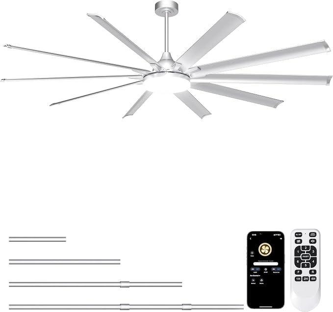 Ohniyou 96" Industrial Ceiling Fan with Bright Lights, High CFM Shop Fan | Remote/App Control, 10 Aluminum Blades, Extra Large Metal Fan for Covered Patio, Gym, Warehouse, Silver