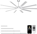 Ohniyou 96" Industrial Ceiling Fan with Bright Lights, High CFM Shop Fan | Remote/App Control, 10 Aluminum Blades, Extra Large Metal Fan for Covered Patio, Gym, Warehouse, Silver