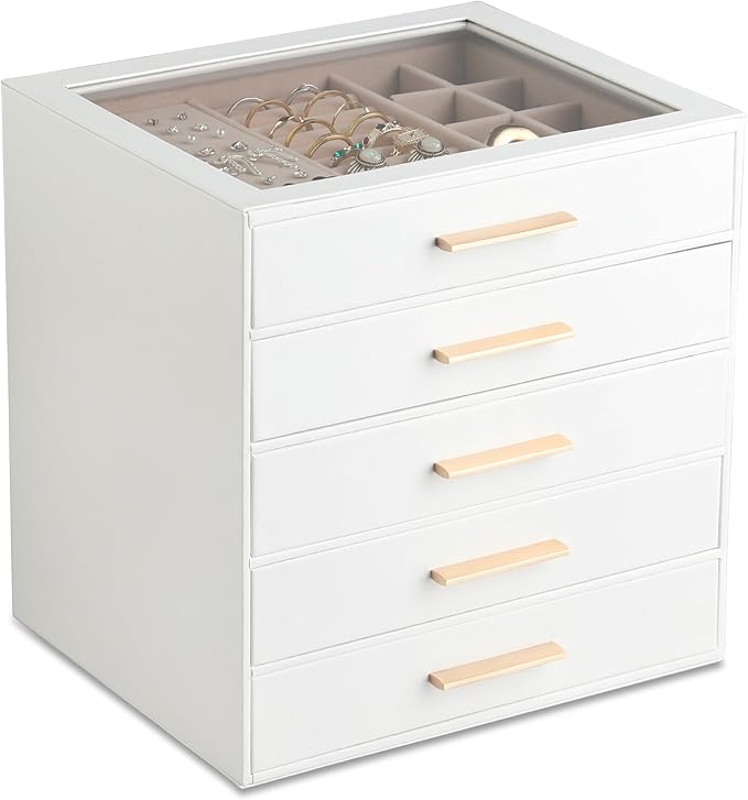 Frebeauty Jewelry Box for Women,Clear Lid Jewelry Organizer with 5 Drawers | Faux Leather,Velvet Lining,5-Layer Large Capacity,Jewelry Storage for Rings Earrings,Dustproof Design,Golden Stylish Handle