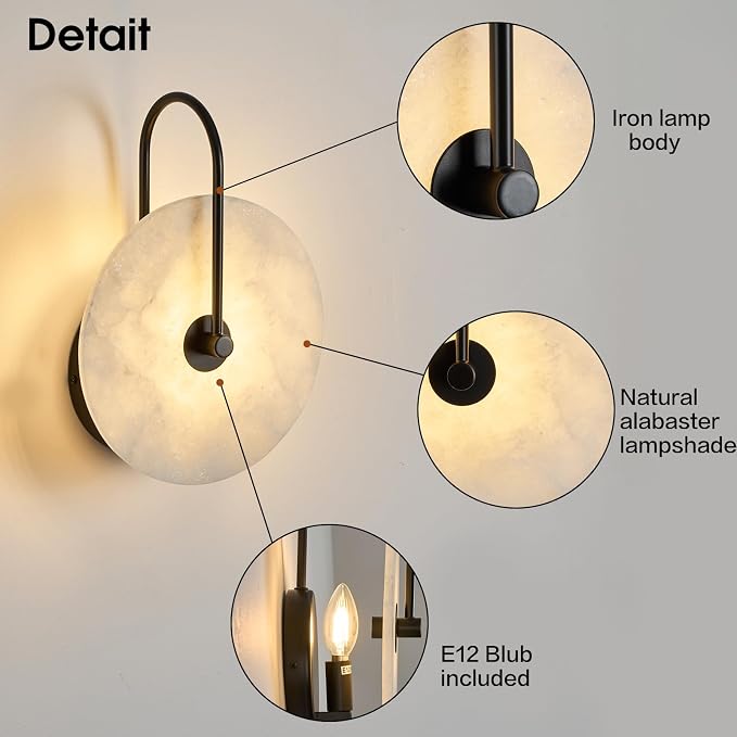 Round Alabaster Wall Sconce Set of Two, Natural Marble Lampshade Wall Sconce, Hardwired Circular Sconce LED Modern Wall Lamp for Bedroom, Stairs, Living Room, Bedside, Hallway 9.84 Inch Black