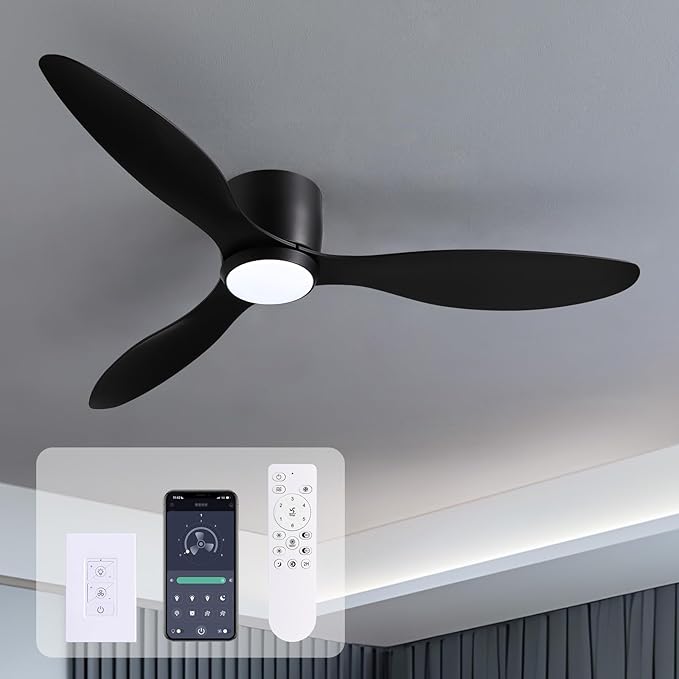 LUDOMIDE Ceiling Fans with Lights,52 Inch Low Profile Ceiling Fan with Wall Control and Remote Control,Dimmable,Flush Mount Ceiling Fan with Noiseless DC Reversible Motor for Bedroom Indoor Use