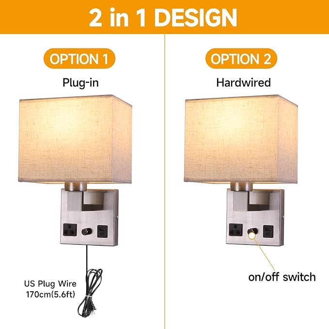 Bedside Wall Lamp for Bedroom, Plug in Wall Sconce - Dimmable Switch with AC Outlet & USB Charging Port, Fabric Shade, Black Wall Mounted Light for Living Room, Hotel (Satin Nickel)