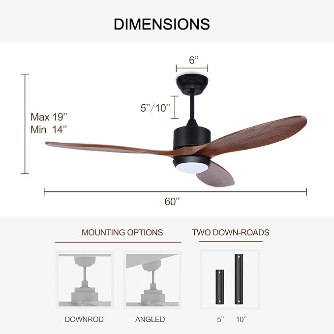 Ovlaim 60 Inch Wood Ceiling Fan with Light, Quiet DC Motor, Smart 6-Speed | 35dB Quiet, Solid Wood Blades, 3-Color Dimmable, Memory Function, App & Voice, Reversible Motor, Living Room Patio