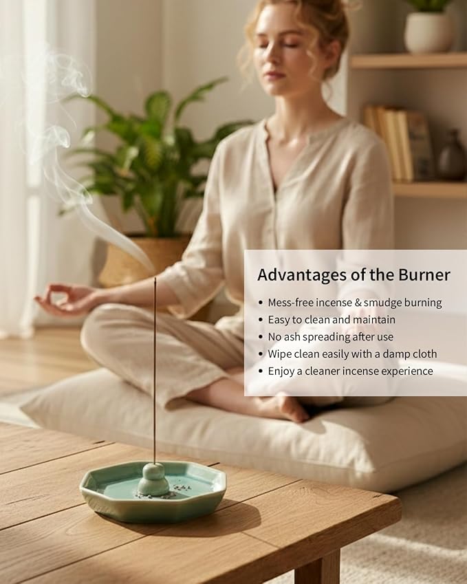 Incense Holder for Sticks, Incense Burner, Ceramic Crackle Glaze Green Incense Holder, Incense Stick Holder with Ash Catcher, ANTIS'S HOME