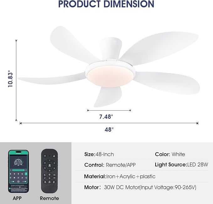 PHORUS 48"Black Low Profile Flush Mount Ceiling Fans with Lights and Remote | Supports Remote and APP, 6 Wind Speeds, Reversible, Dimmable 3 CCT LED, 30WNoiseless DC Motor,Timer, for Bedroom Kitchen