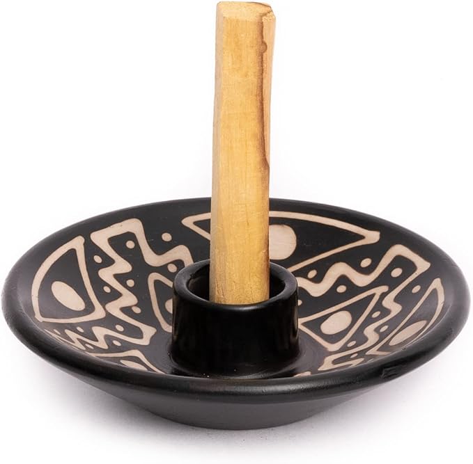 Palo Santo Holder with 5 Sticks - Luna Sundara Handmade Ceramic Incense Burner - Black & White Chulucanas Pottery from Peru - Smudge Bowl for Sage - Aromatherapy Gift Set
