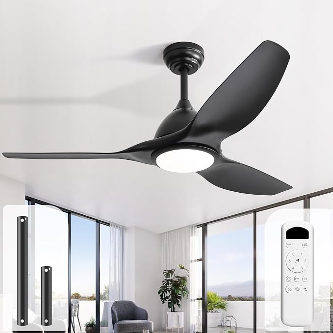 Sofucor 52 Inch Outdoor Ceiling Fans with Lights, Modern Ceiling Fan with 3 Plastic Blade, Quiet, Dimmable, High 7000CFM 6-Speed 3-Timer Reversible DC Motor, for Bedroom Living Room, ETL, Black