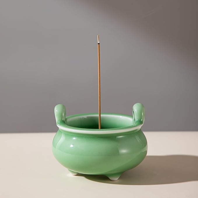 Ceramic Incense Holder,Celadon Green Porcelain Three Legs Two Ears Joss Sticks Incense Burner with 9 Incense Holes (Green)