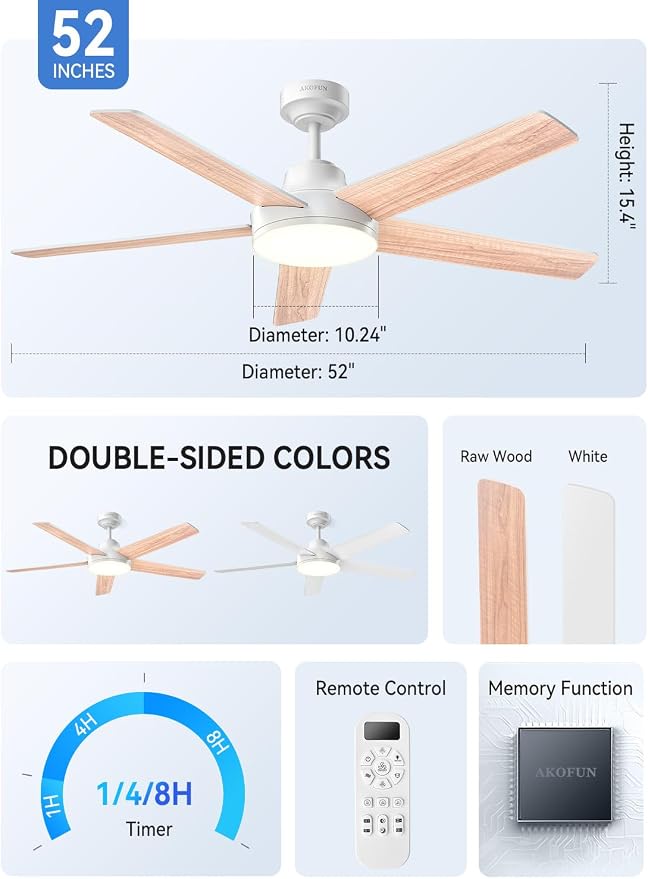 AKOFUN Ceiling Fans with Lights and Remote, Low Profile Ceiling Fan with Light, 6 Speed, Dimmable, DC Motor, Quiet, Timer, Modern LED Ceiling Fan for Bedroom Living Room 52 inch, White