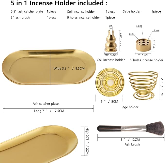 5 in1Incense Burner,Palo Santo Holder,Sage Holder, Incense Holder with Ash Catcher for Incense Sticks,Coil Incense,Incense Cones in Devotional Area, Yoga, Meditation Room Home Décor (Oval)