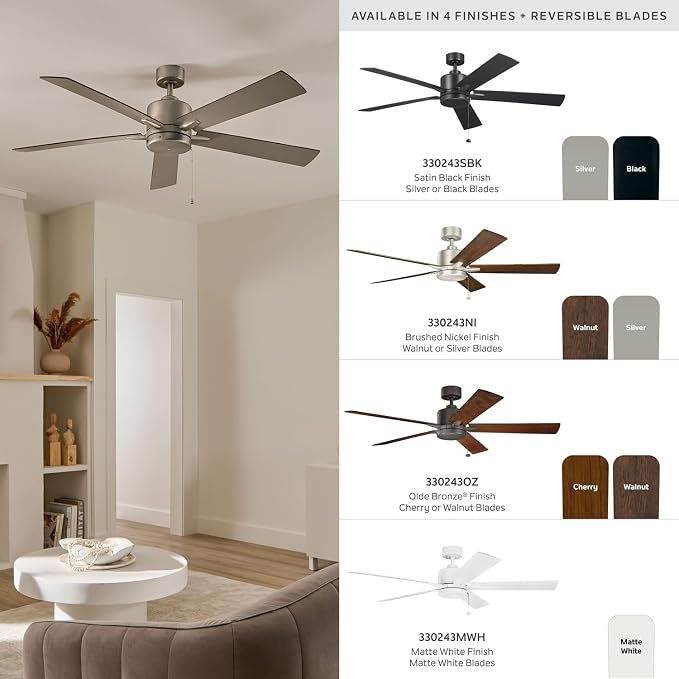 Kichler Lucian II 60 Modern Indoor Ceiling Fan with AC Motor, Pull Chain Control and Contemporary Design in Satin Black for Bedroom or Living Room, 330243SBK