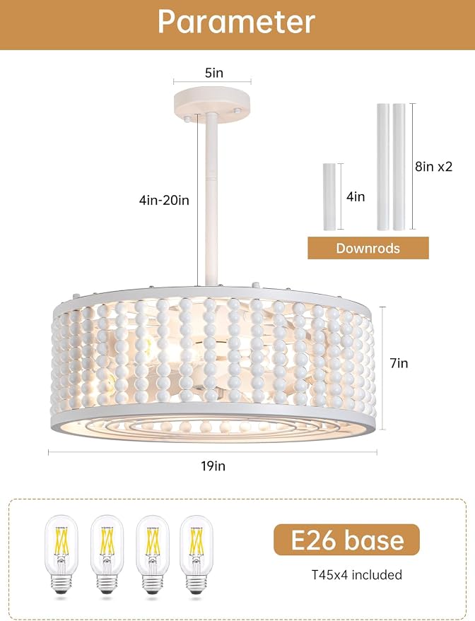 Ceiling Fans with Lights and Remote - Bulbs Included, Caged Fandelier with Handcrafted Beaded Décor 19 inches Reversible Flat and Angled Ceiling Installation, White