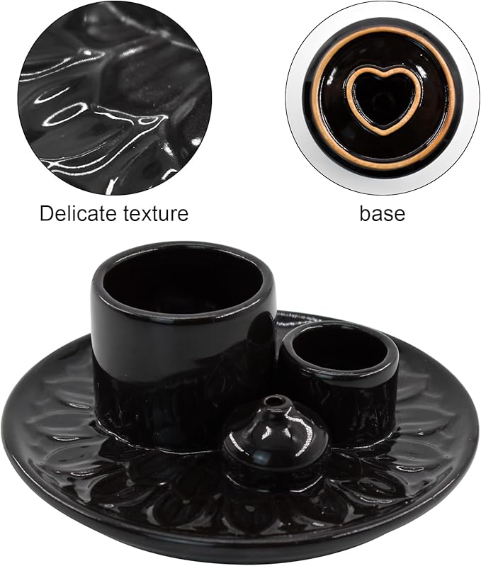 4 in 1 Ceramic Incense Holder, Incense Burner Ash Catcher Palo Santo Sage Holder for Home Decor Meditation Yoga (Black)