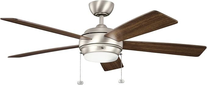 Kichler Starkk 52" Ceiling Fan with LED Lights in Brushed Nickel, 5-Blade Traditional Fan with reversible Silver/Walnut blades, 3000K, (52" W x 13.75" H), 330174NI