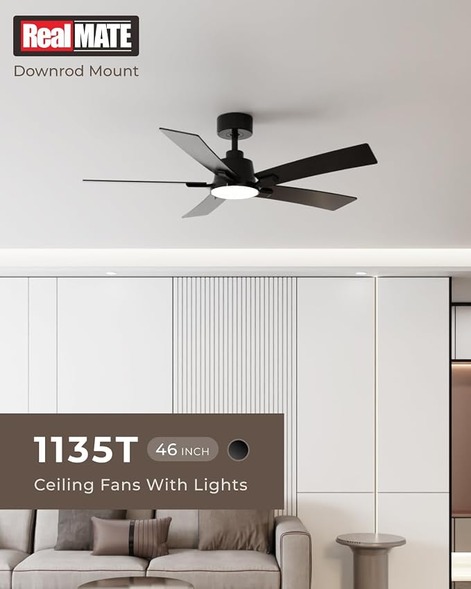 46 Inch Balck Downrod Ceiling Fans with Lights and Remote | 3CCT Dimmable LED, 6 Speed, Quiet DC Motor, 3-Level Timer Function, Forward/Reserve For all Seasons, Indoor/Covered Outdoor