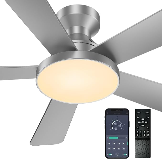 Ceiling Fans with Lights, 46" Low Profile Ceiling Fan with Light, Remote/App Control, Flush Mount Ceiling Fan for Bedroom, Indoor/Outdoor (Silver)