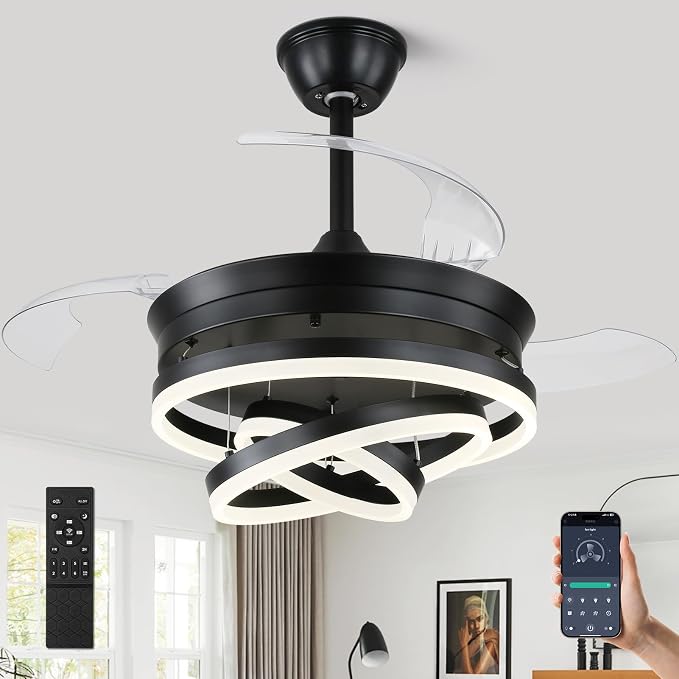 Retractable Ceiling Fan with Lights,Dimmable,6 speeds,DC Motor,36 inch Modern DIY Black Ceiling Fan with Lights Remote Control for Bedroom Living Room Kitchen