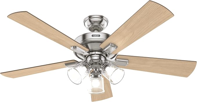 Hunter 52 inch Crestfield Brushed Nickel Ceiling Fan with LED Light Kit and Handheld Remote | with LED Lights and Remote Control, Standard Mount, For Bedroom, Living Room, Kitchen, 3 inch Downrod, 51858