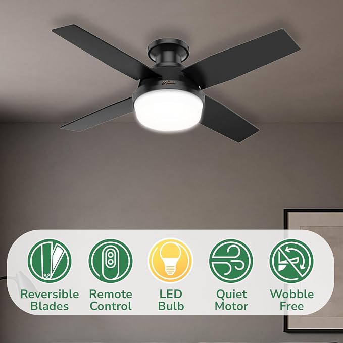 Hunter Dempsey, Outdoor or Indoor, Ceiling Fan, Quiet, 44 inch, Matte Black