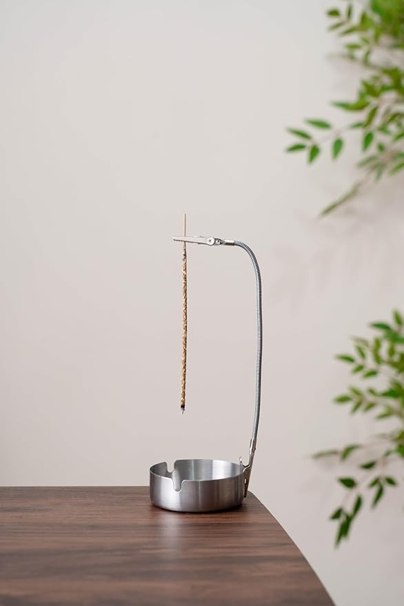 Modern Incense Holder with Flexible Metal Stand, Silver Ash Collector Base, Minimalist Design for Home Meditation and Aromatherapy.(Silver + Base)