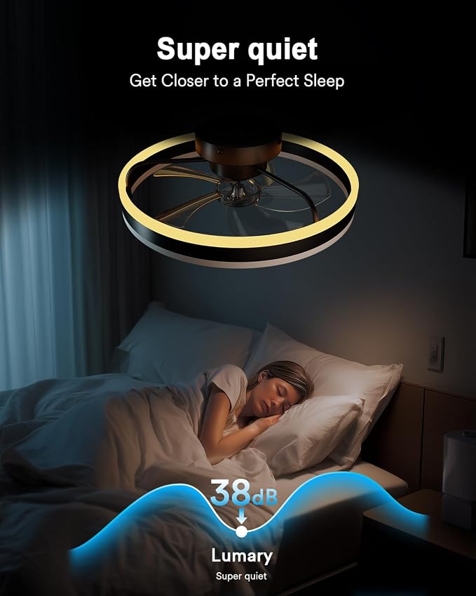 Lumary Smart WiFi Ceiling Fans with Lights, RGBAI Flush Mount Ceiling Fans with Lights and Remote, Dual Lighting Mode Modern LED Low Profile Ceiling Fan for Bedroom Works with Alexa Google, 20in Black