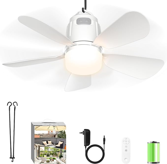 Gliztech Canopy Fan 20.5'', Portable Outdoor Ceiling Fan with Light with Remote Control and Extension Hook, Easy Operation Battery Powered Fan Light for Gazebo, Tent, Patio, Camping (20.5 inch)