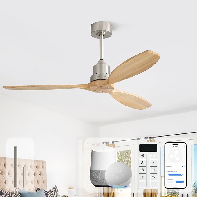 Sofucor 52 Inch Smart Ceiling Fans no Light, 3 Blade Light Wood Ceiling Fan Works with Remote/App/Alexa/Google, for Indoor Bedroom Living Room Outdoor Patio Porch