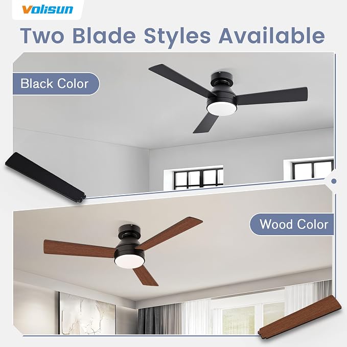 VOLISUN Ceiling Fans with Lights Flush Mount, 42 inch Low Profile Ceiling Fan with Light and Remote, Queit & Reversible Motor,3CCT, Dimmable, Black Modern Ceilings Fans for Bedroom, Living Room