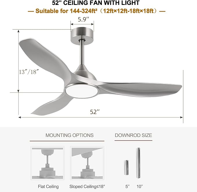 52 Inch Modern 3 Blade Silver Ceiling Fan with Lights Remote Control | Quiet DC Motor, 6 Speed High CFM, Indoor Ceiling Fan for Bedroom, Office, Living Room