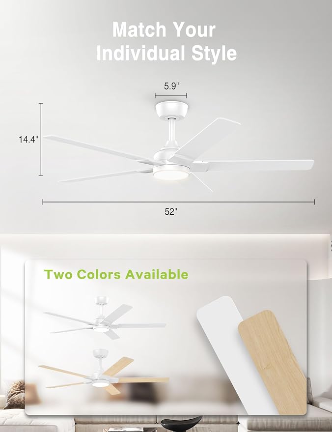 DAMINY 52 inch White Ceiling Fans with Lights,5 Blades,3CCT, Low Profile,Remote Control,for Bedroom, Kitchen,Living Room,Indoor/Outdoor Use,Downrod