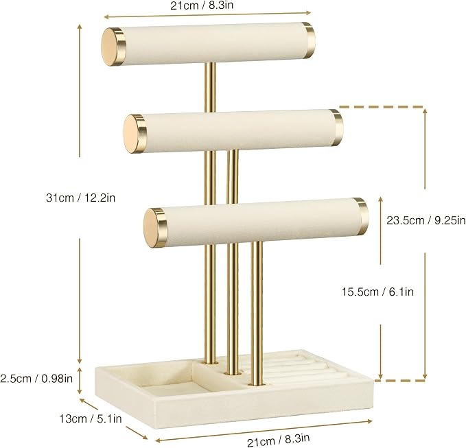 Jewelry Organizer Stand Display, 3 Tier Velvet Bracelet Holder, Beige | Jewelry Organizers and Storage | Jewelry Tree | Jewelry Towers for Necklaces, Bracelets, Earrings, Rings