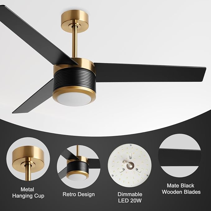 reiga 52" Modern 3 Blades Black Gold DC Motor Ceiling Fan with Light | Wood Ceiling Fans,6 Speeds Timer Compatible with Remote Control/Alexa/Google Home for Living room Bedroom Patio Farmhouse