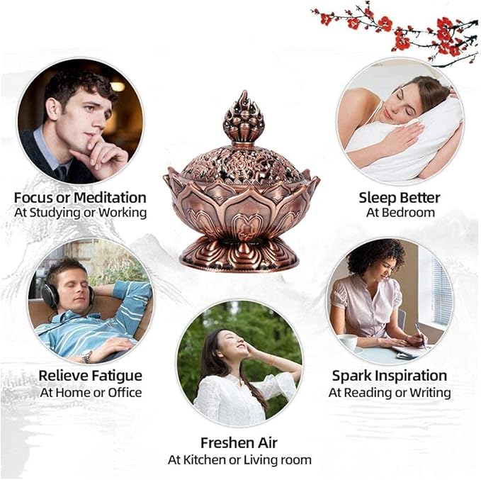 Incense Burner, Bronze Antique Chinese Asian Style Lotus Flower Incense Burner Pot Backflow Smoke Incense Burner Stick Cone Holder Zen Buddha Buddhist Meditation Decor Gift Set(Red Bronze)