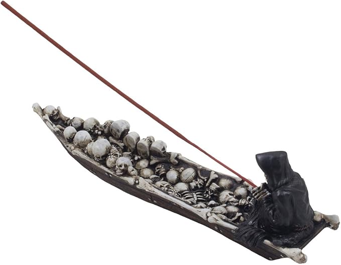 Home 'n Gifts Spooky Grim Reaper in Fishing Boat of Skulls Decorative Incense Holder for Scary Halloween Decorations or Gothic Home Decor Incense Burners and Aromatherapy, Multicolor