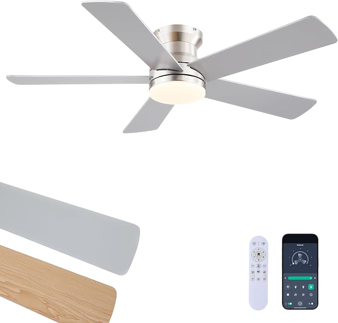 Ayaoty Flush Mount Low Profile Ceiling Fans with Lights - Modern Ceiling Fan with LED Dimming, Timer, 6Wind Speeds, Indoor Fan Light Fixture for Bedroom, Kitchen, Nickel